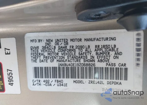 2009 Toyota Corolla Le z USA, uszkodzony, nr VIN 1NXBU40E19Z068826